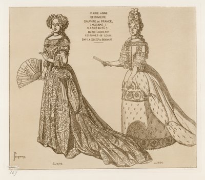 Costumes de Cour. Marie Anne de Baviere, Dauphine de France, casada con el hijo del Rey Luis XIV. Después de una obra en la colección de Bonnart. de Raphael Jacquemin